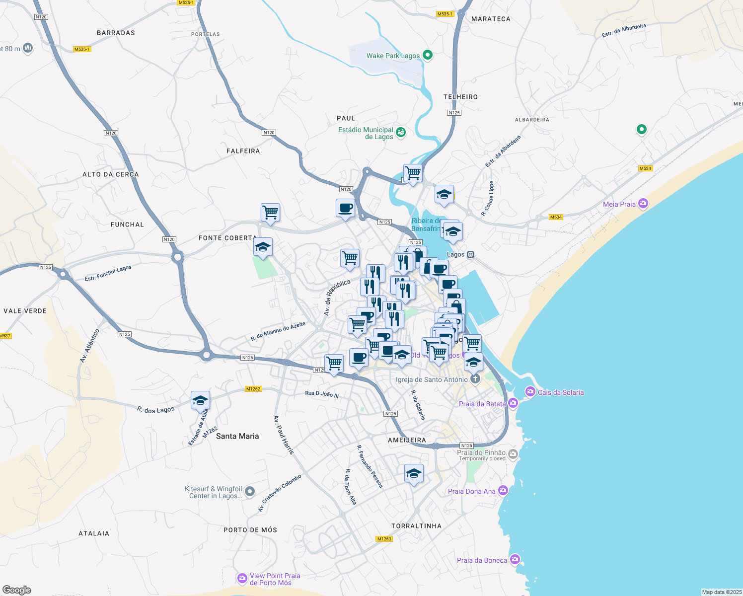 map of restaurants, bars, coffee shops, grocery stores, and more near 6 Rua Doutor José Francisco de Matos Nunes Silva in Lagos