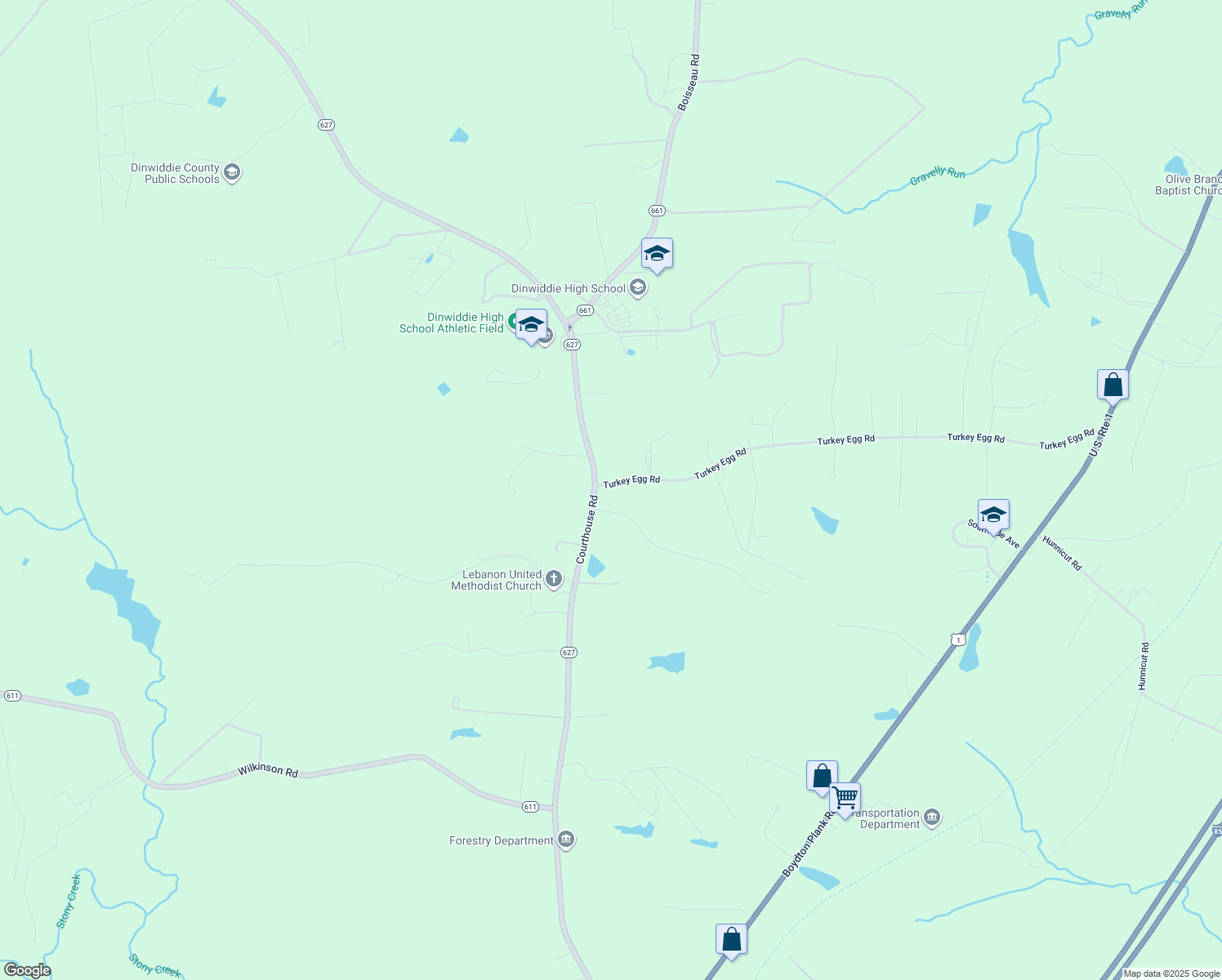 map of restaurants, bars, coffee shops, grocery stores, and more near 18513 Turkey Egg Road in Dinwiddie