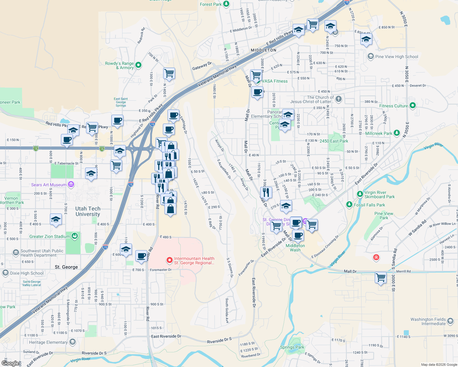 map of restaurants, bars, coffee shops, grocery stores, and more near 86 South Acantilado Drive in St. George