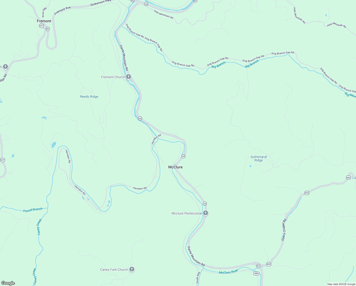 map of restaurants, bars, coffee shops, grocery stores, and more near Church Street in McClure