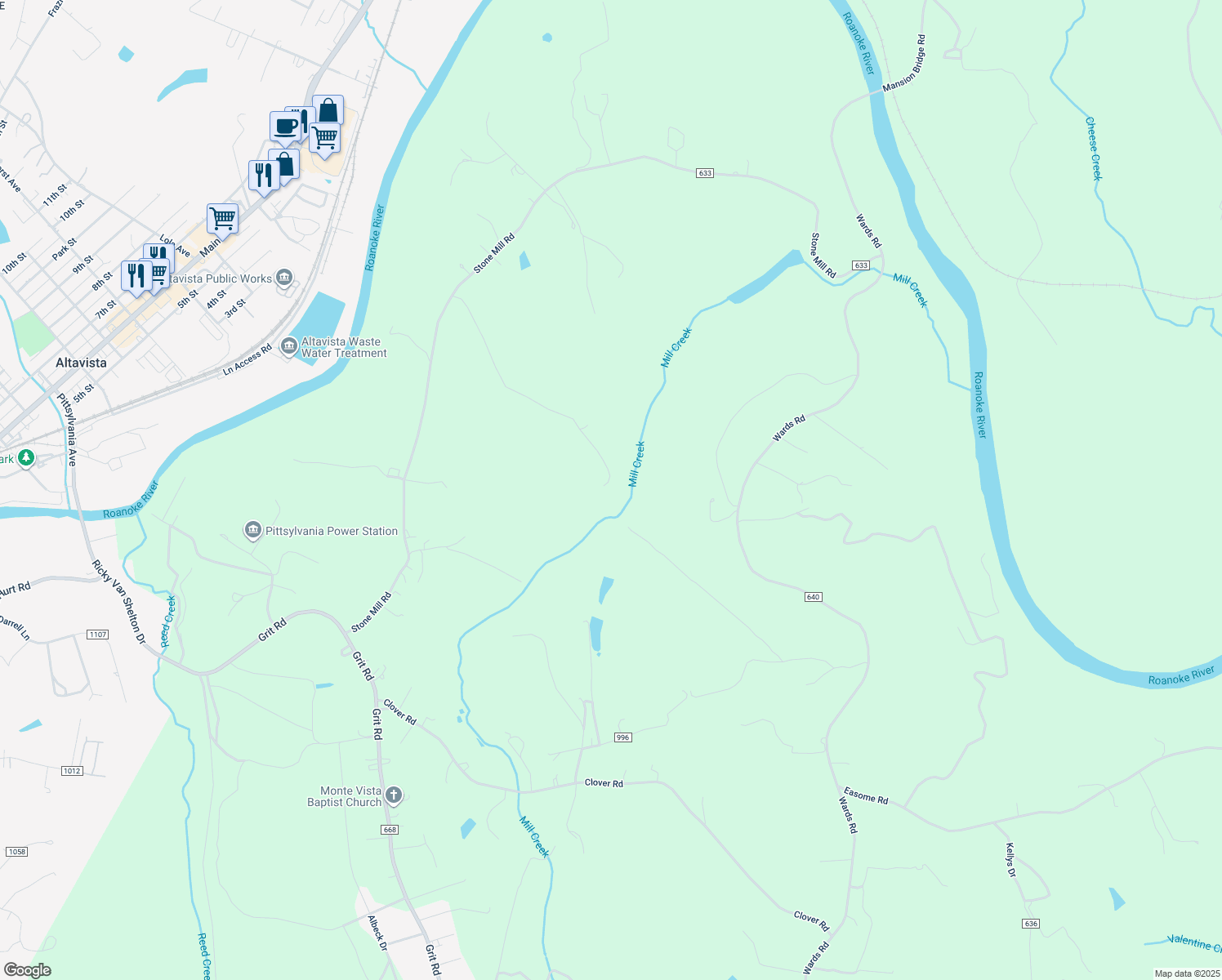 map of restaurants, bars, coffee shops, grocery stores, and more near 876 2 Pond Road in Hurt