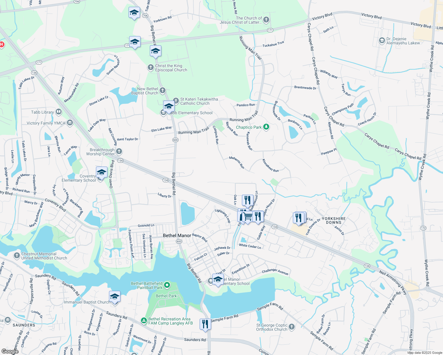 map of restaurants, bars, coffee shops, grocery stores, and more near 210 Bayberry Ln in Yorktown