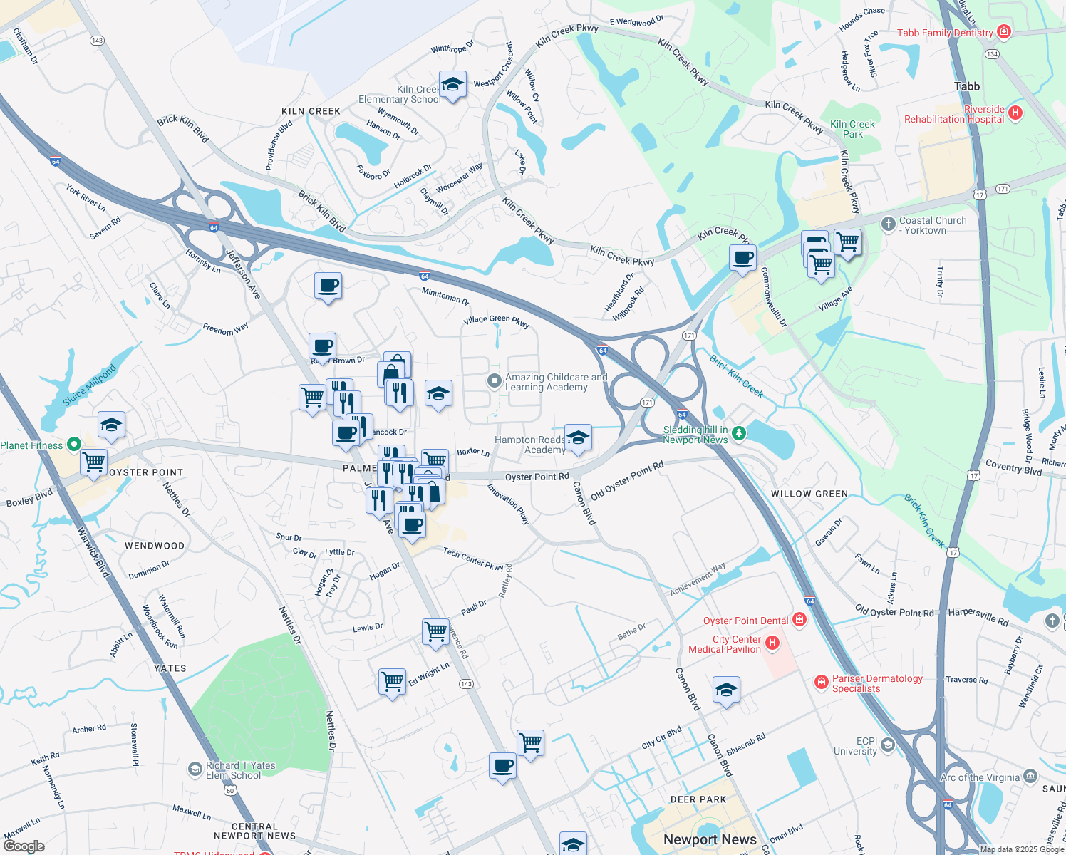 map of restaurants, bars, coffee shops, grocery stores, and more near 724 Village Green Pkwy in Newport News