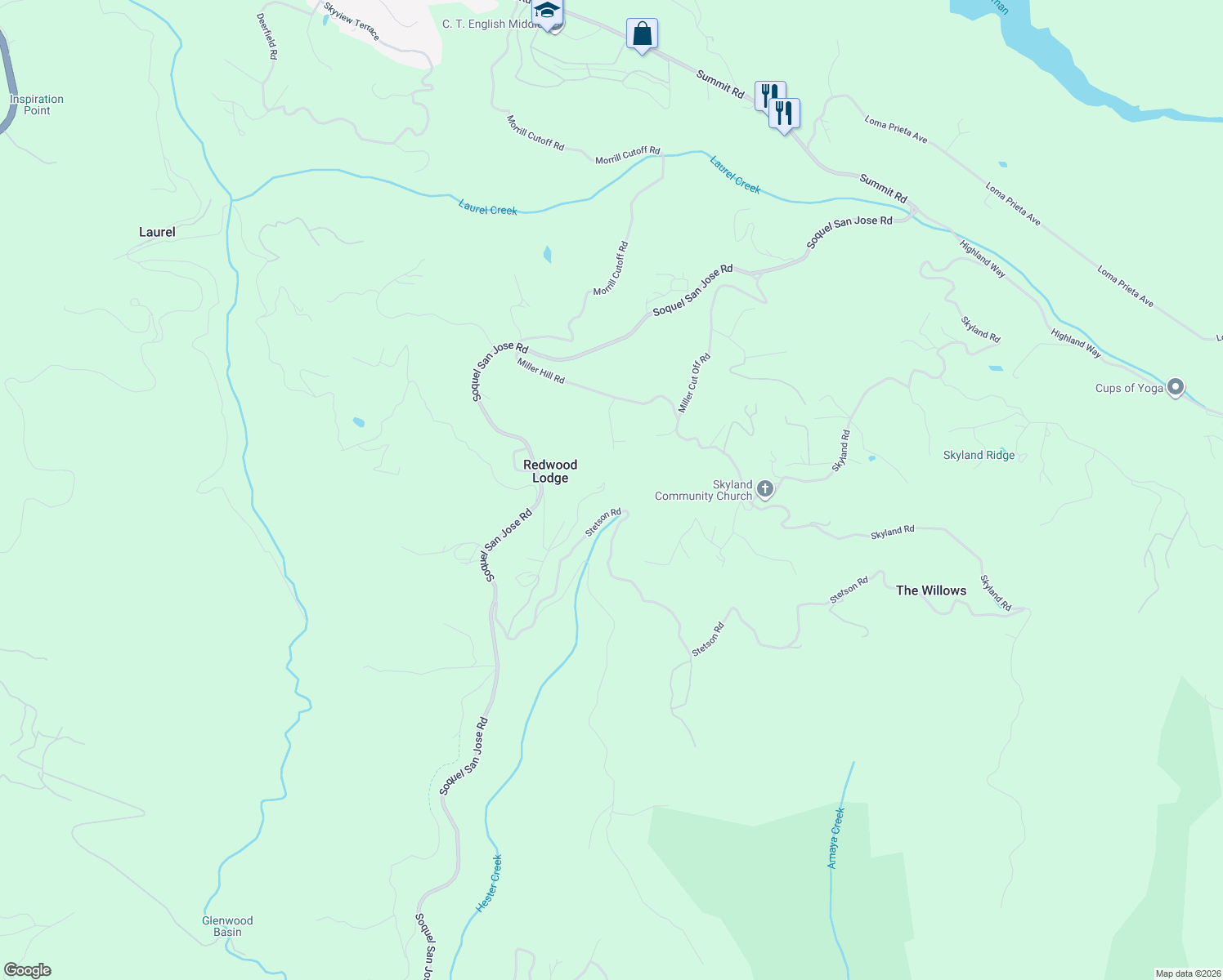 map of restaurants, bars, coffee shops, grocery stores, and more near 600 Ridge Top Road in Los Gatos