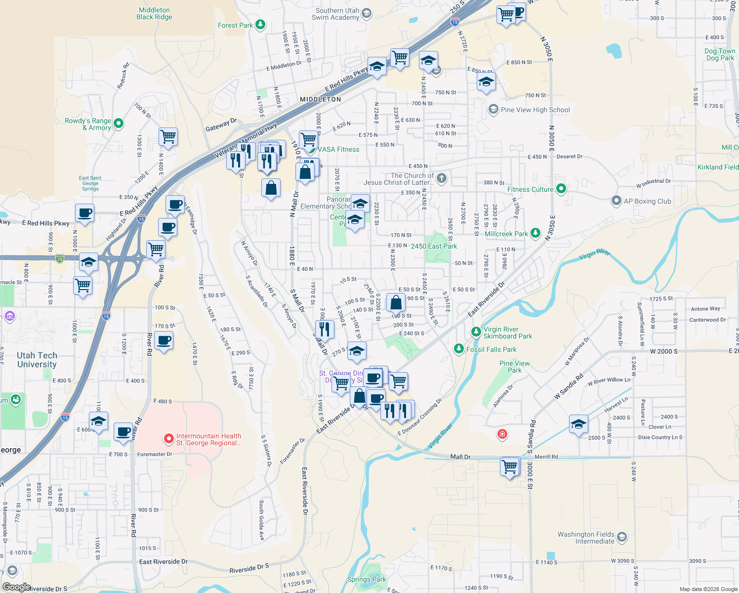 map of restaurants, bars, coffee shops, grocery stores, and more near 2177 East 100 South in St. George
