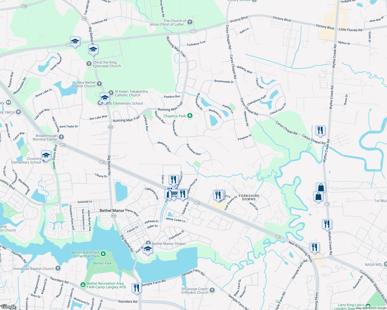 map of restaurants, bars, coffee shops, grocery stores, and more near 210 Kinnakeet Run in Yorktown
