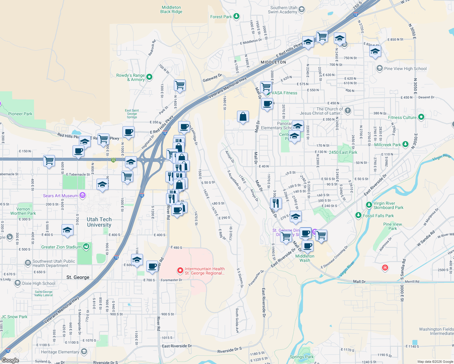 map of restaurants, bars, coffee shops, grocery stores, and more near 28 South Acantilado Drive in St. George