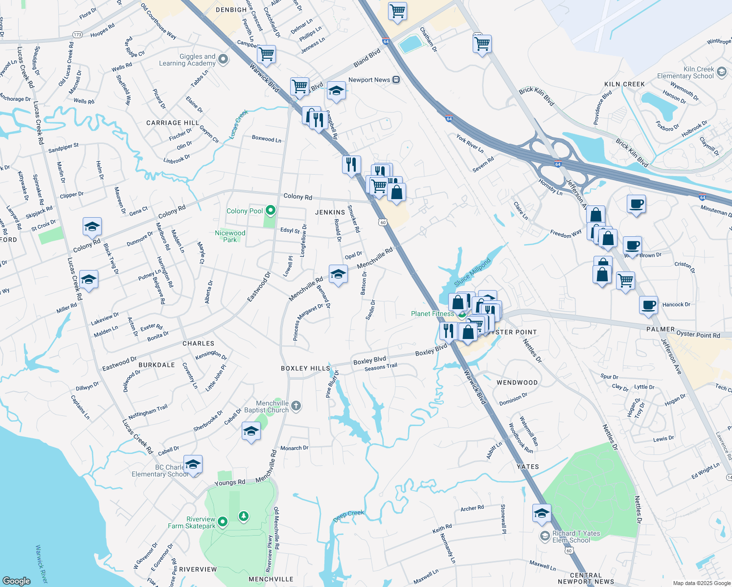 map of restaurants, bars, coffee shops, grocery stores, and more near 284 Batson Drive in Newport News