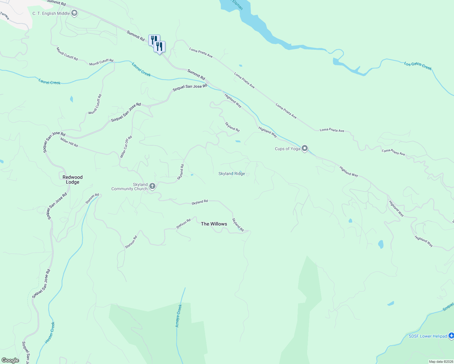 map of restaurants, bars, coffee shops, grocery stores, and more near 25220 Quail Ridge Road in Los Gatos
