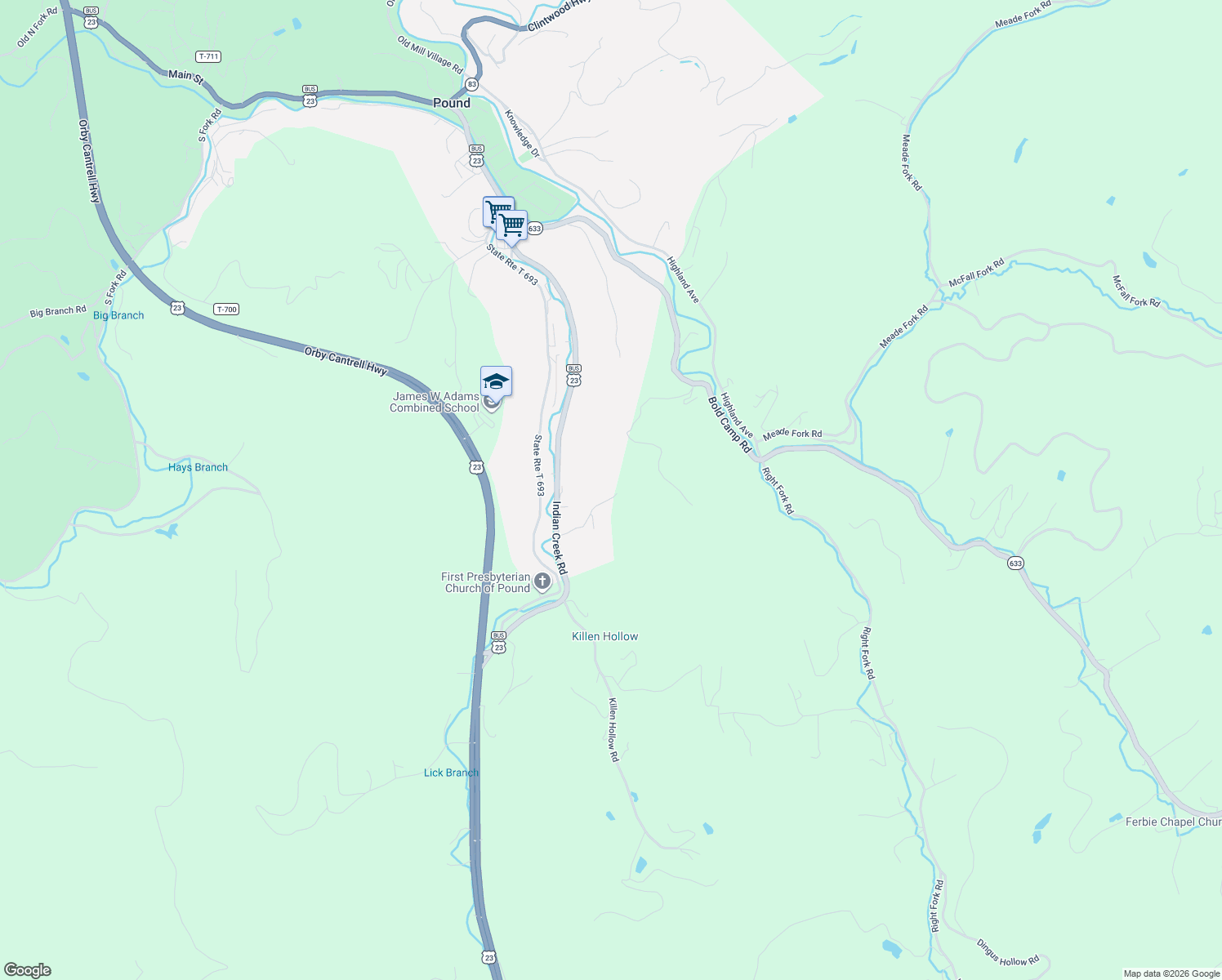 map of restaurants, bars, coffee shops, grocery stores, and more near 8632-8652 Curtiss Hill Road in Pound