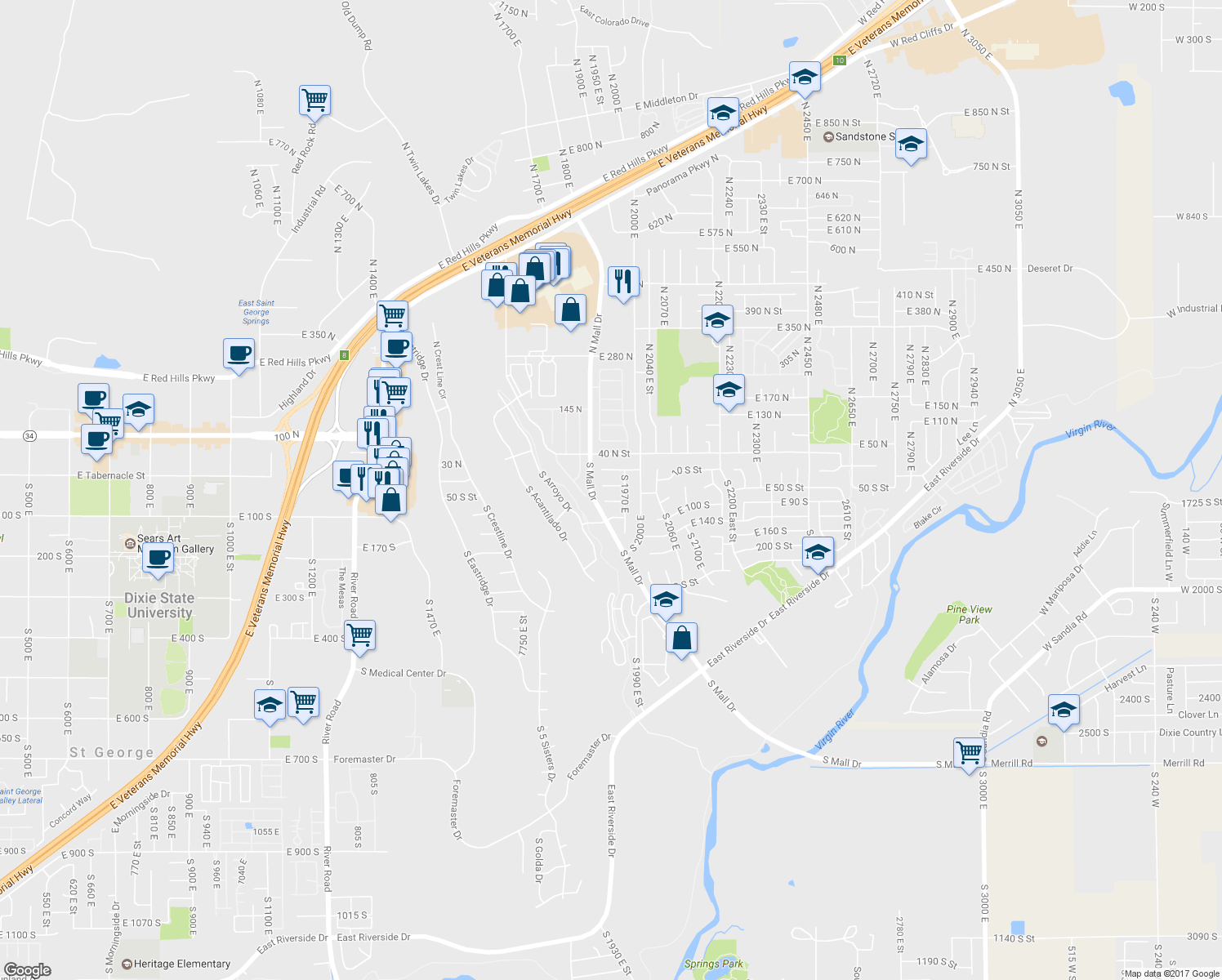 map of restaurants, bars, coffee shops, grocery stores, and more near 1932 East 40 South Circle in St. George