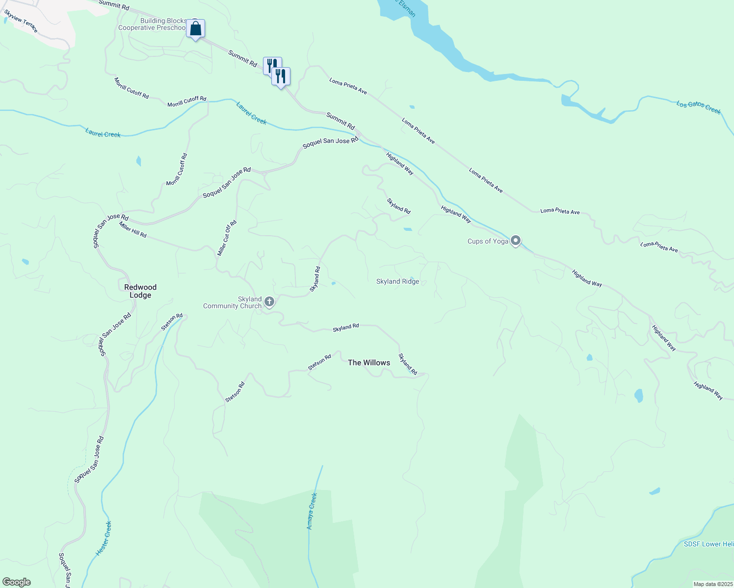 map of restaurants, bars, coffee shops, grocery stores, and more near 24854 Skyland Road in Los Gatos