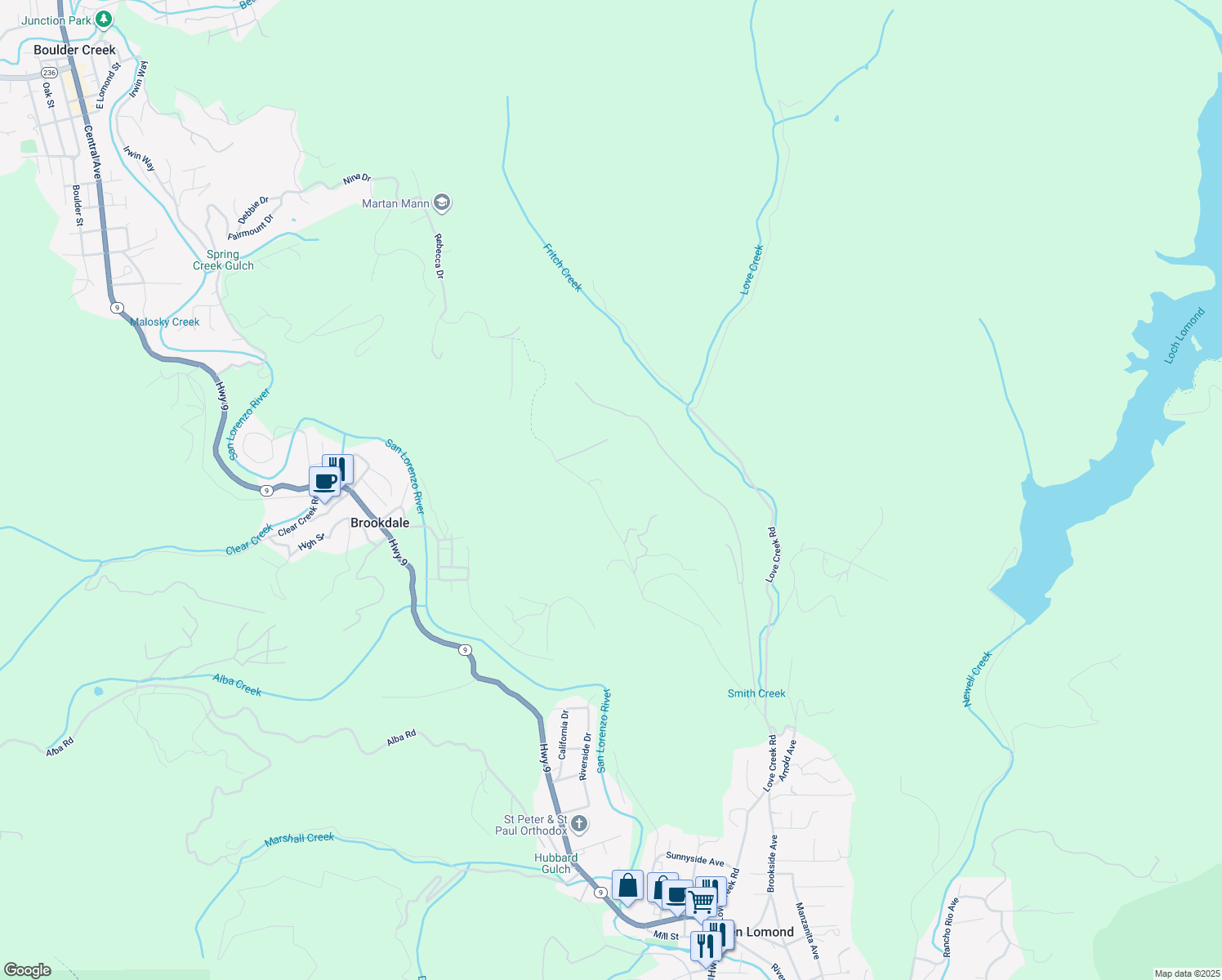 map of restaurants, bars, coffee shops, grocery stores, and more near 1200 Roberts Road in Ben Lomond