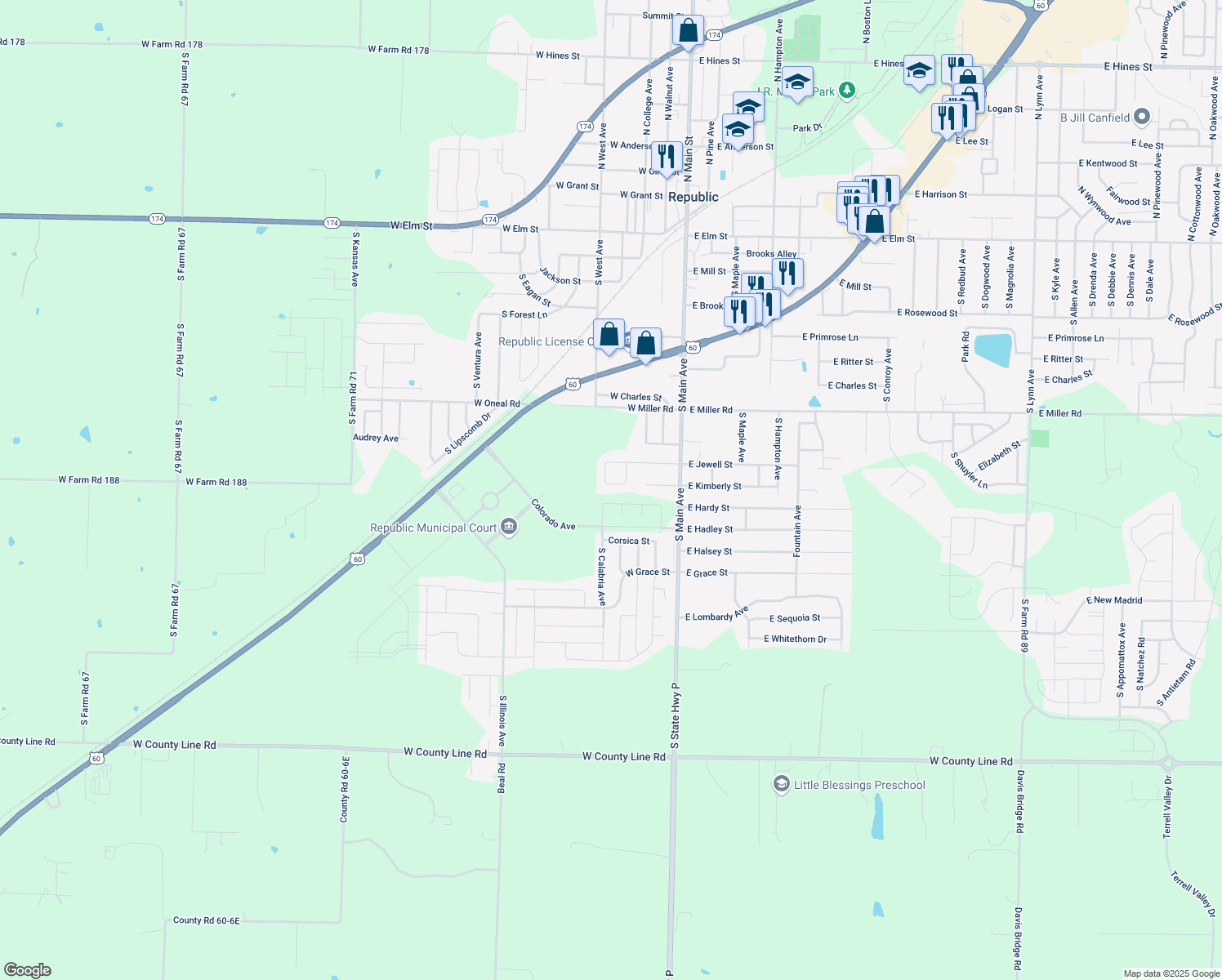 map of restaurants, bars, coffee shops, grocery stores, and more near 734 Scott Cir in Republic