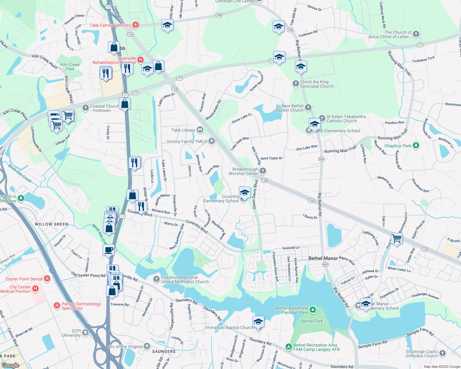 map of restaurants, bars, coffee shops, grocery stores, and more near 404 Richter Lane in Yorktown