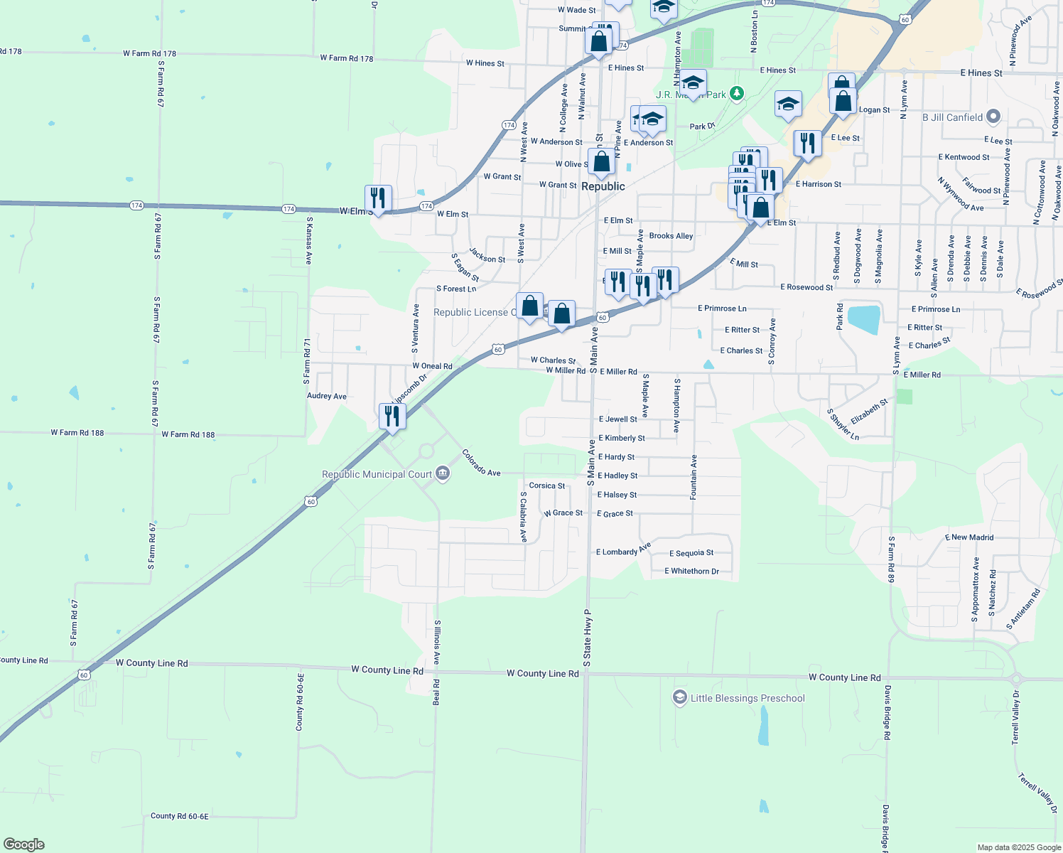 map of restaurants, bars, coffee shops, grocery stores, and more near 756 Scott Circle in Republic