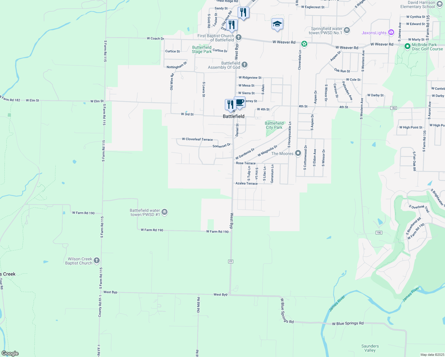 map of restaurants, bars, coffee shops, grocery stores, and more near 5845 South State Highway Ff in Battlefield