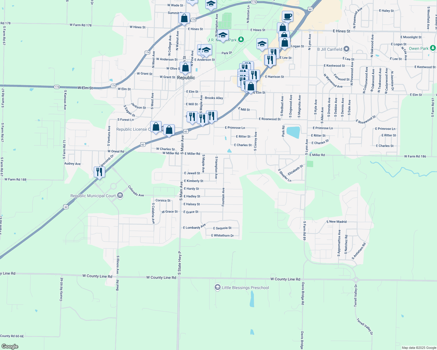 map of restaurants, bars, coffee shops, grocery stores, and more near 704 South Hampton Avenue in Republic