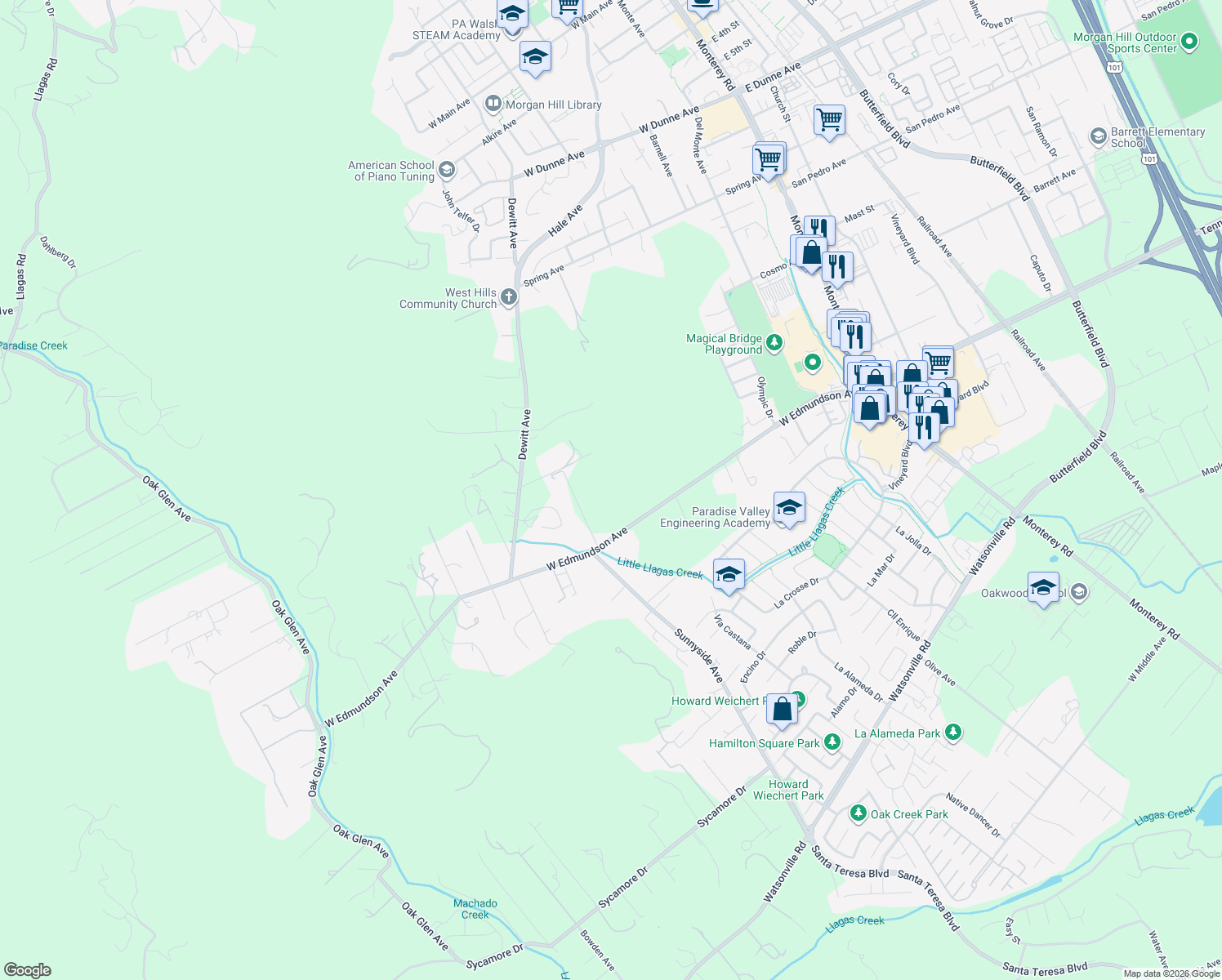 map of restaurants, bars, coffee shops, grocery stores, and more near 855 West Edmundson Avenue in Morgan Hill