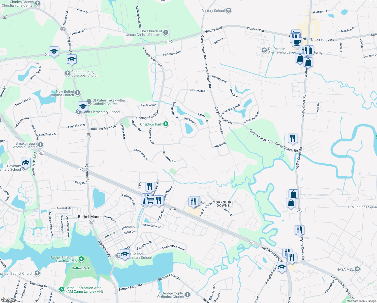 map of restaurants, bars, coffee shops, grocery stores, and more near 700 Kanawah Run in Yorktown