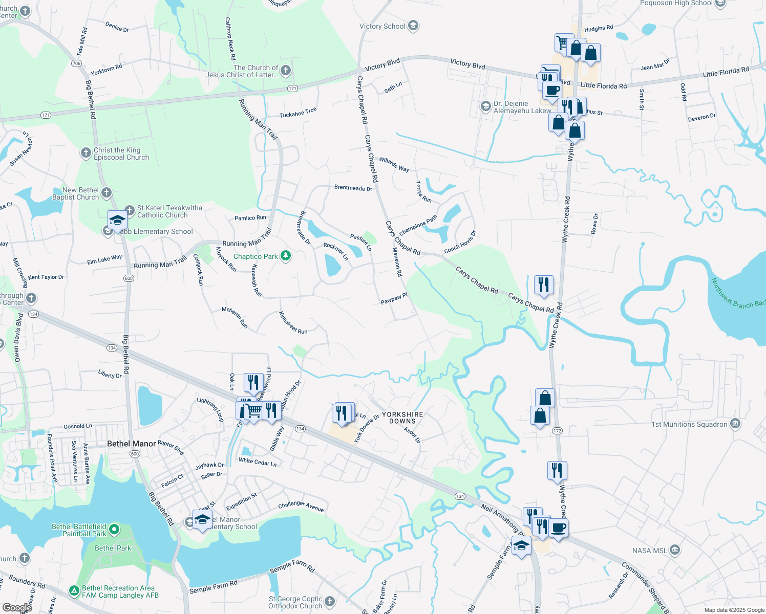 map of restaurants, bars, coffee shops, grocery stores, and more near 203 Pawpaw Place in Yorktown