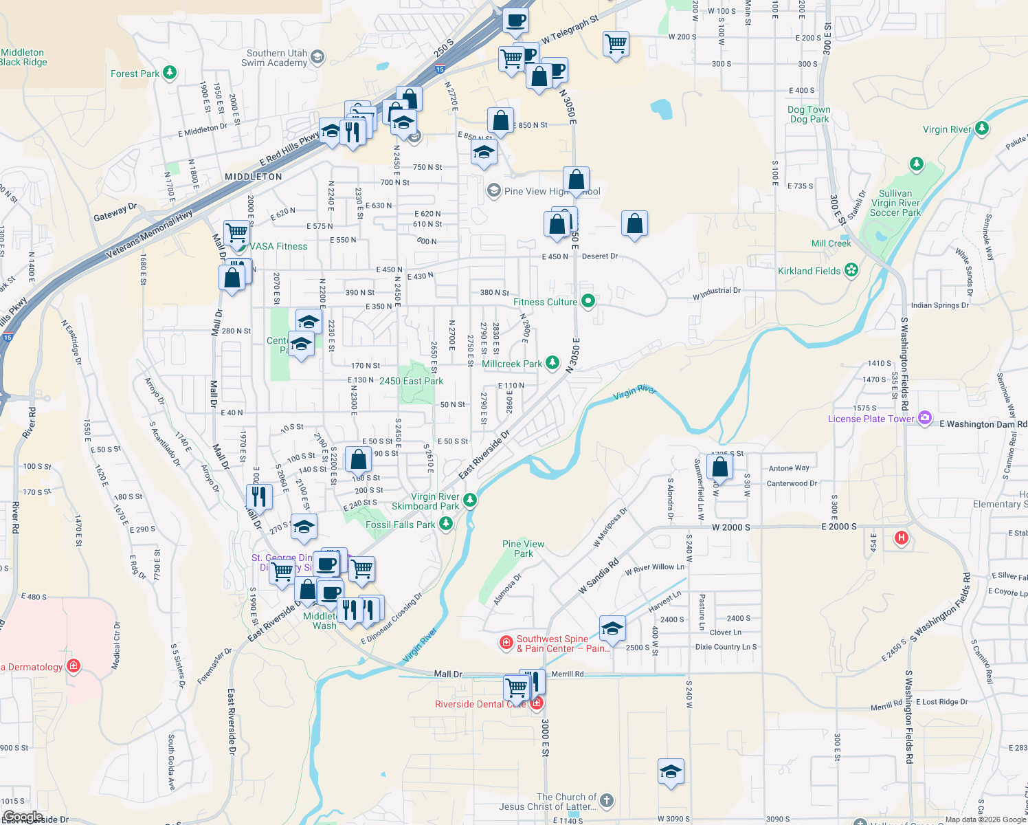 map of restaurants, bars, coffee shops, grocery stores, and more near 34 North Paradise Way in St. George