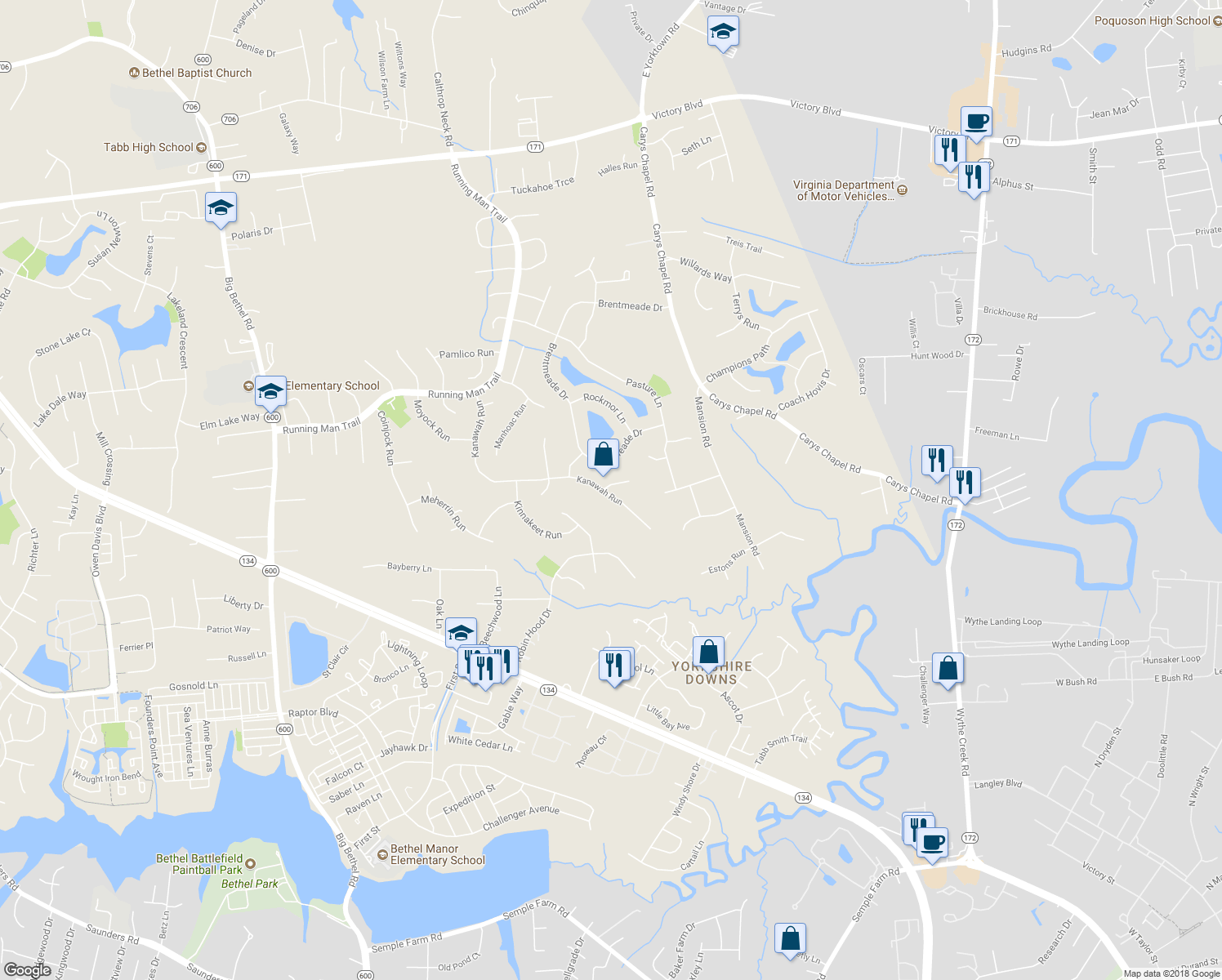 map of restaurants, bars, coffee shops, grocery stores, and more near 701 Kanawah Run in Yorktown