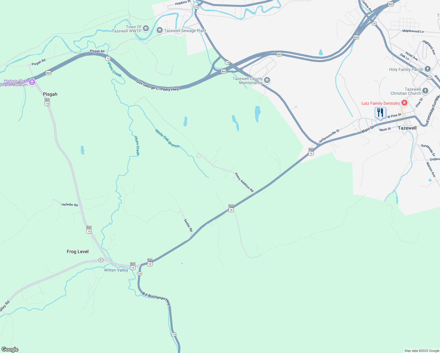 map of restaurants, bars, coffee shops, grocery stores, and more near 425 Peery Addition Road in Tazewell
