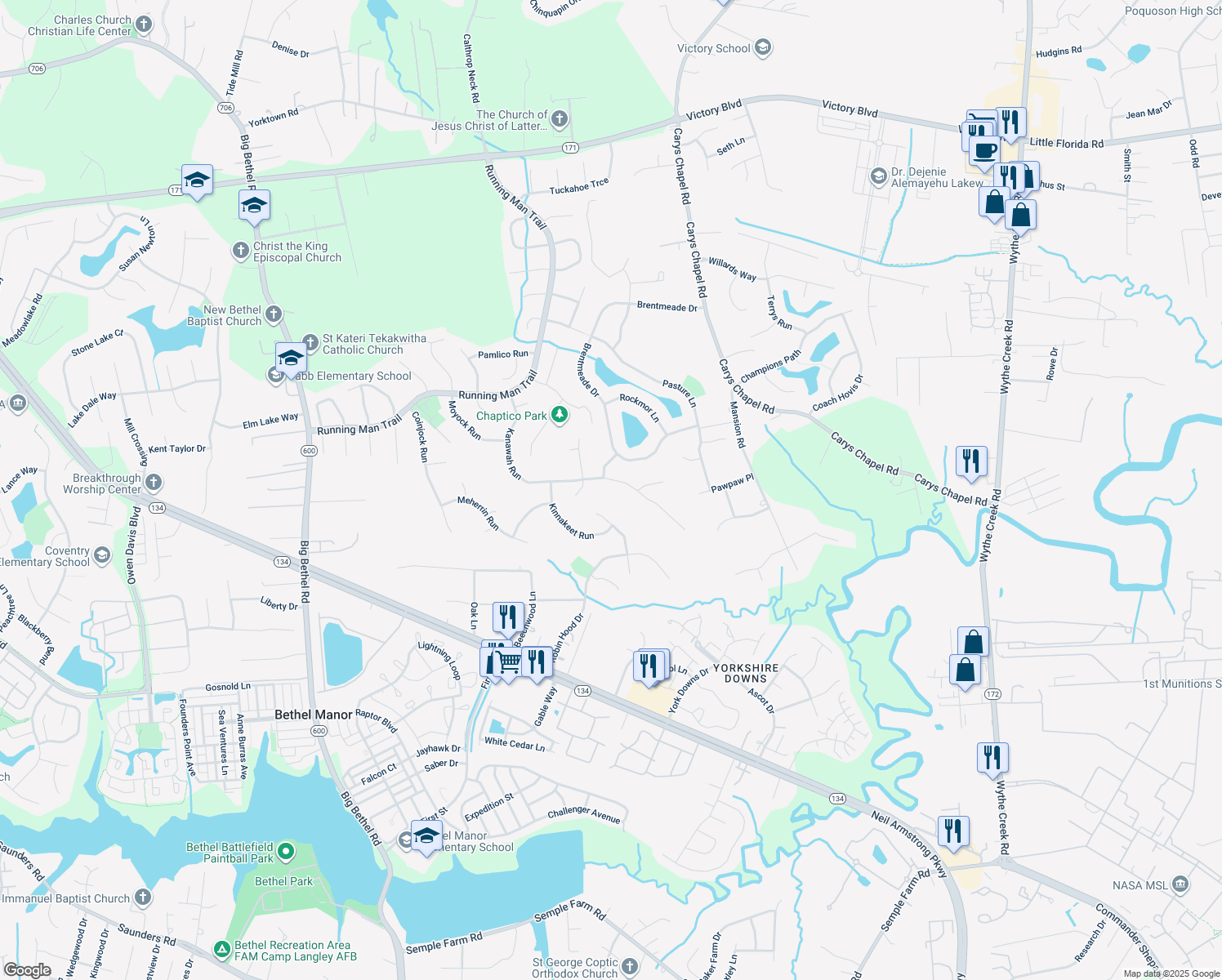 map of restaurants, bars, coffee shops, grocery stores, and more near 602 Kanawah Run in Yorktown