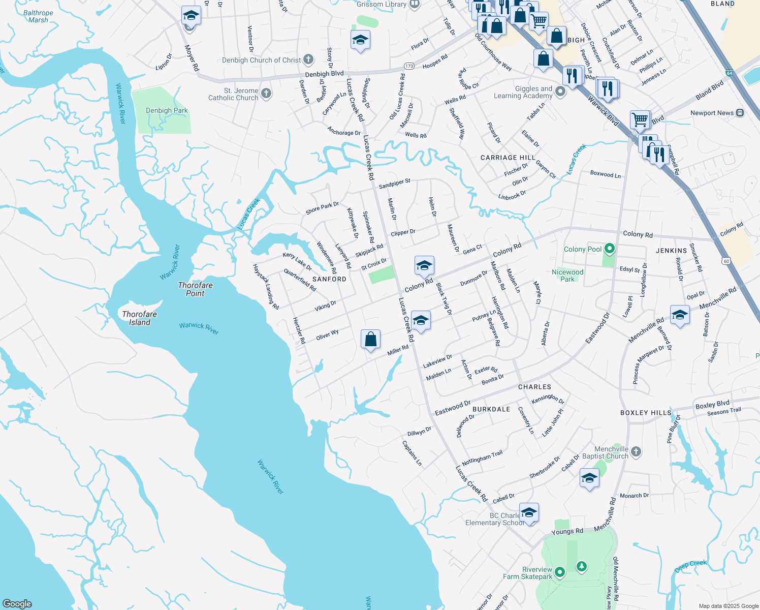 map of restaurants, bars, coffee shops, grocery stores, and more near 513 Colony Rd in Newport News