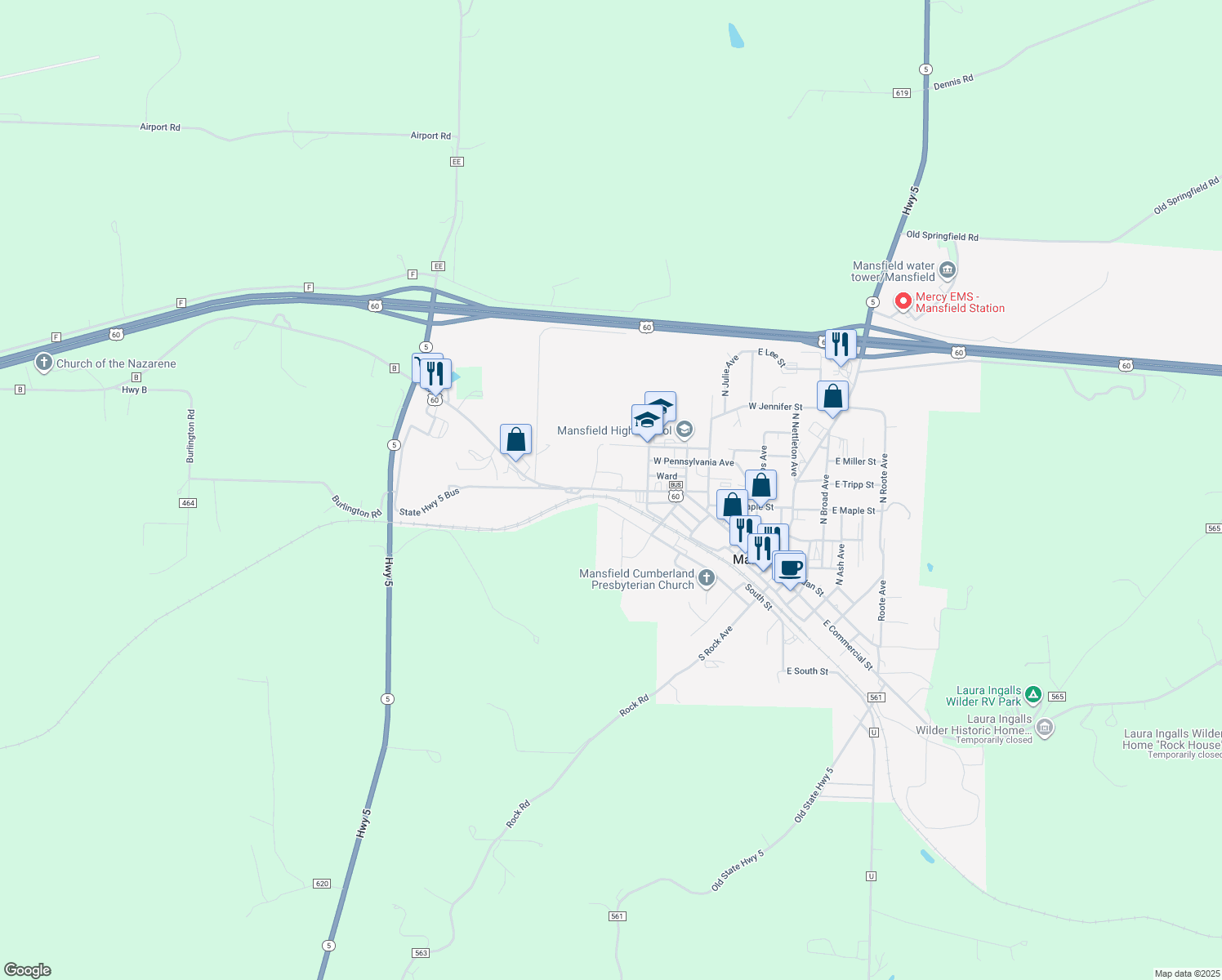 map of restaurants, bars, coffee shops, grocery stores, and more near 624 West Commercial Street in Mansfield