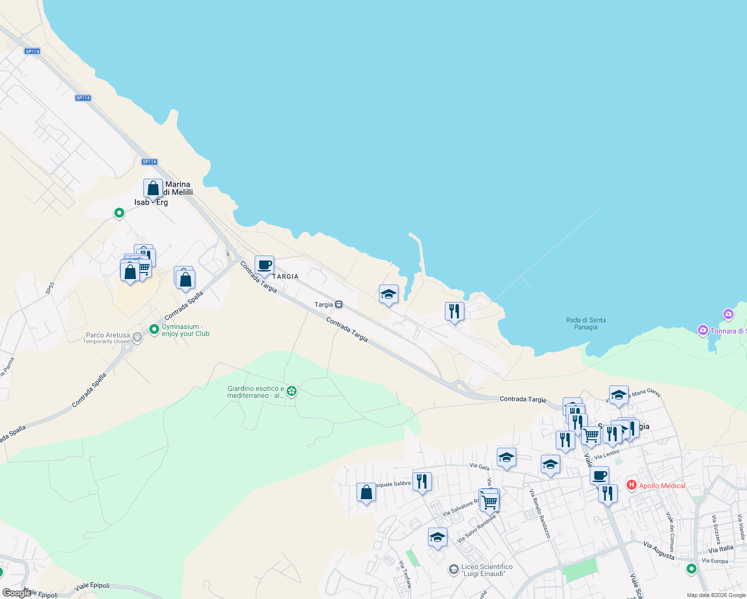 map of restaurants, bars, coffee shops, grocery stores, and more near 9 Via Stentinello in Siracusa