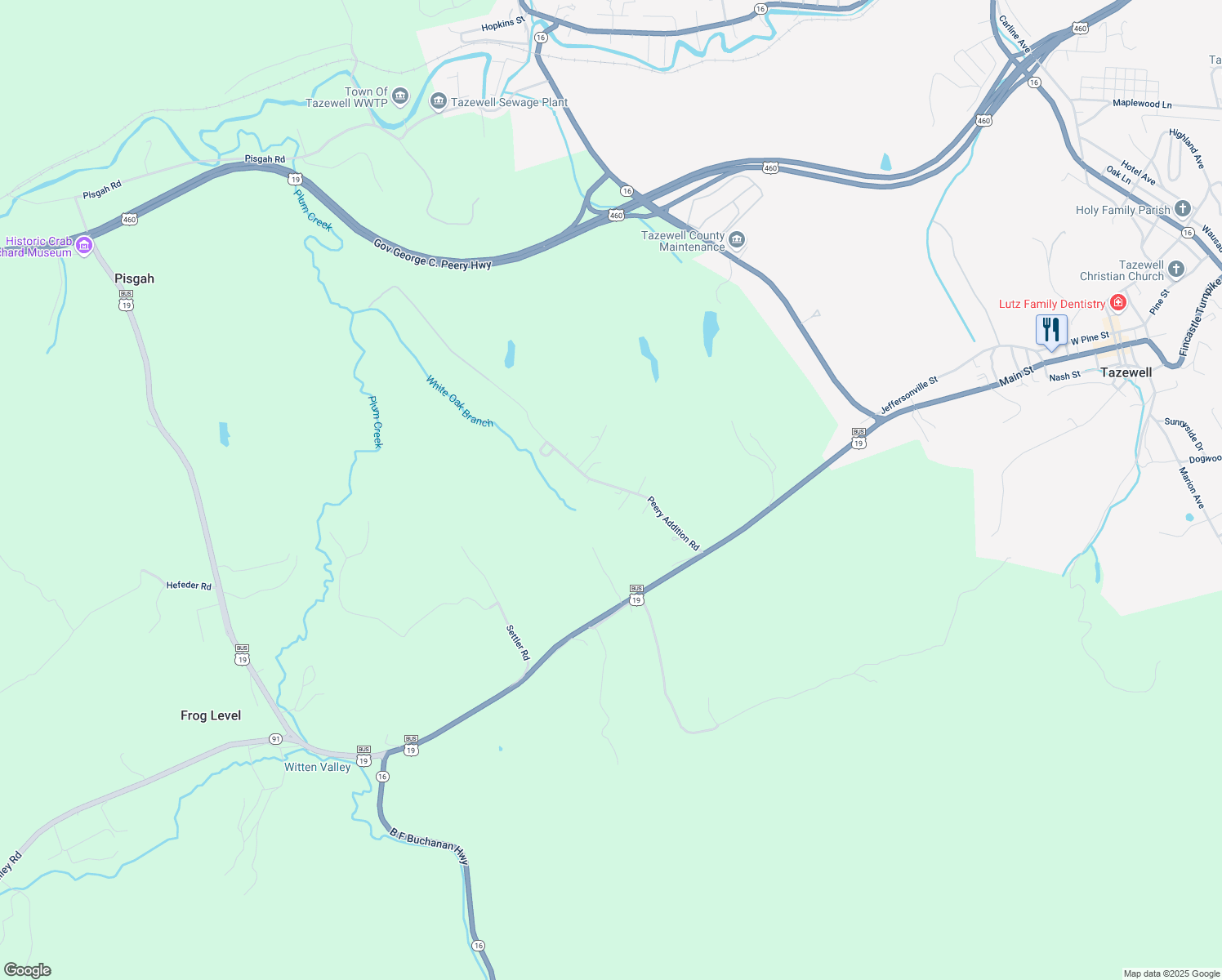 map of restaurants, bars, coffee shops, grocery stores, and more near 425 Peery Addition Road in Tazewell