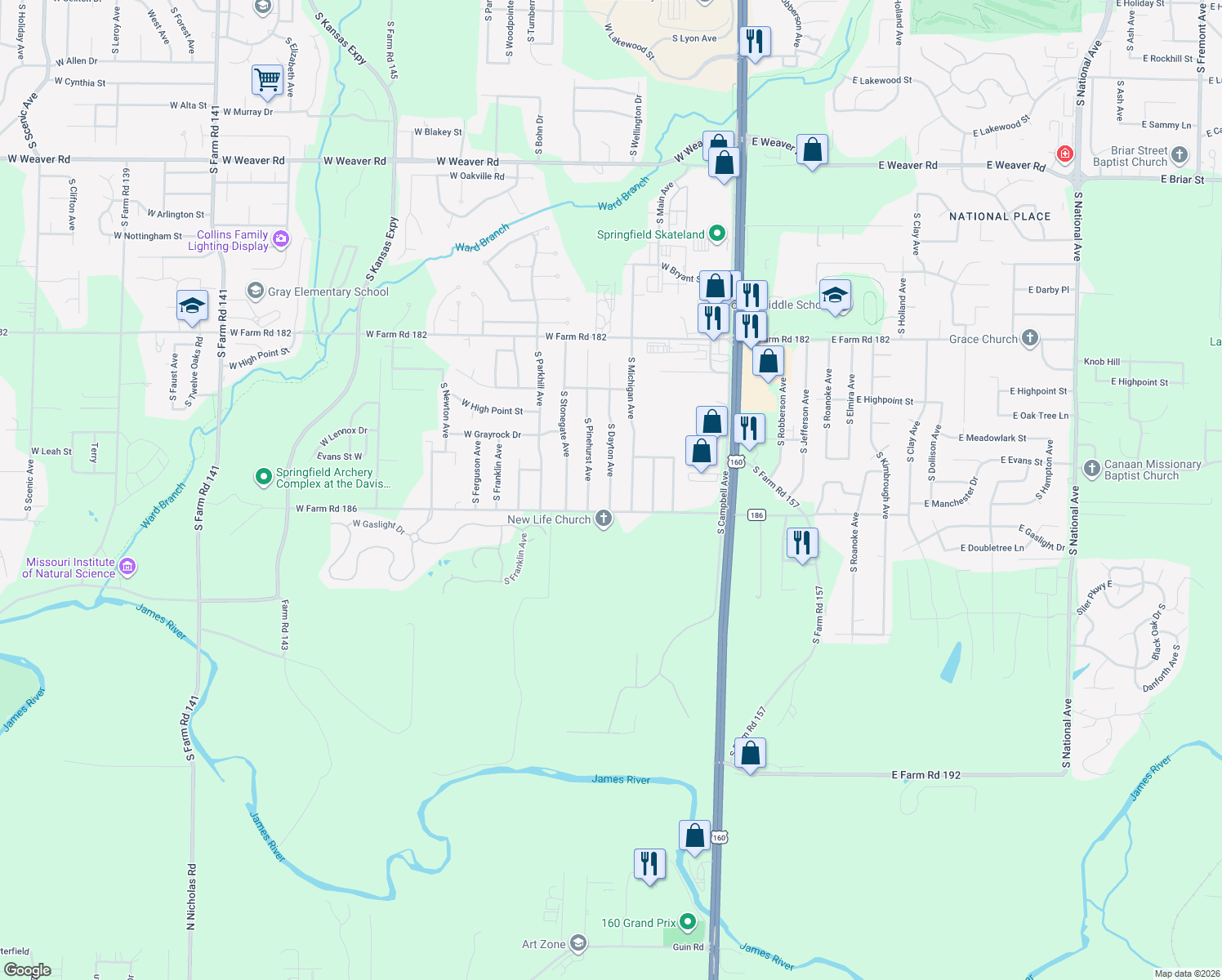 map of restaurants, bars, coffee shops, grocery stores, and more near 5748 South Dayton Avenue in Springfield
