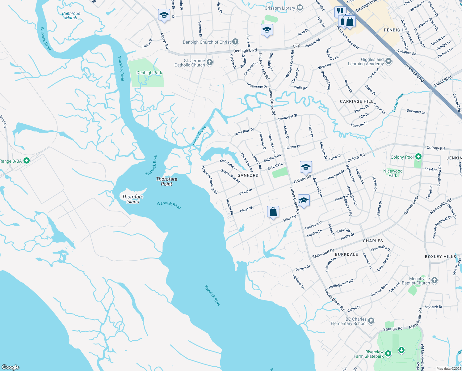 map of restaurants, bars, coffee shops, grocery stores, and more near 578 Haystack Landing Road in Newport News