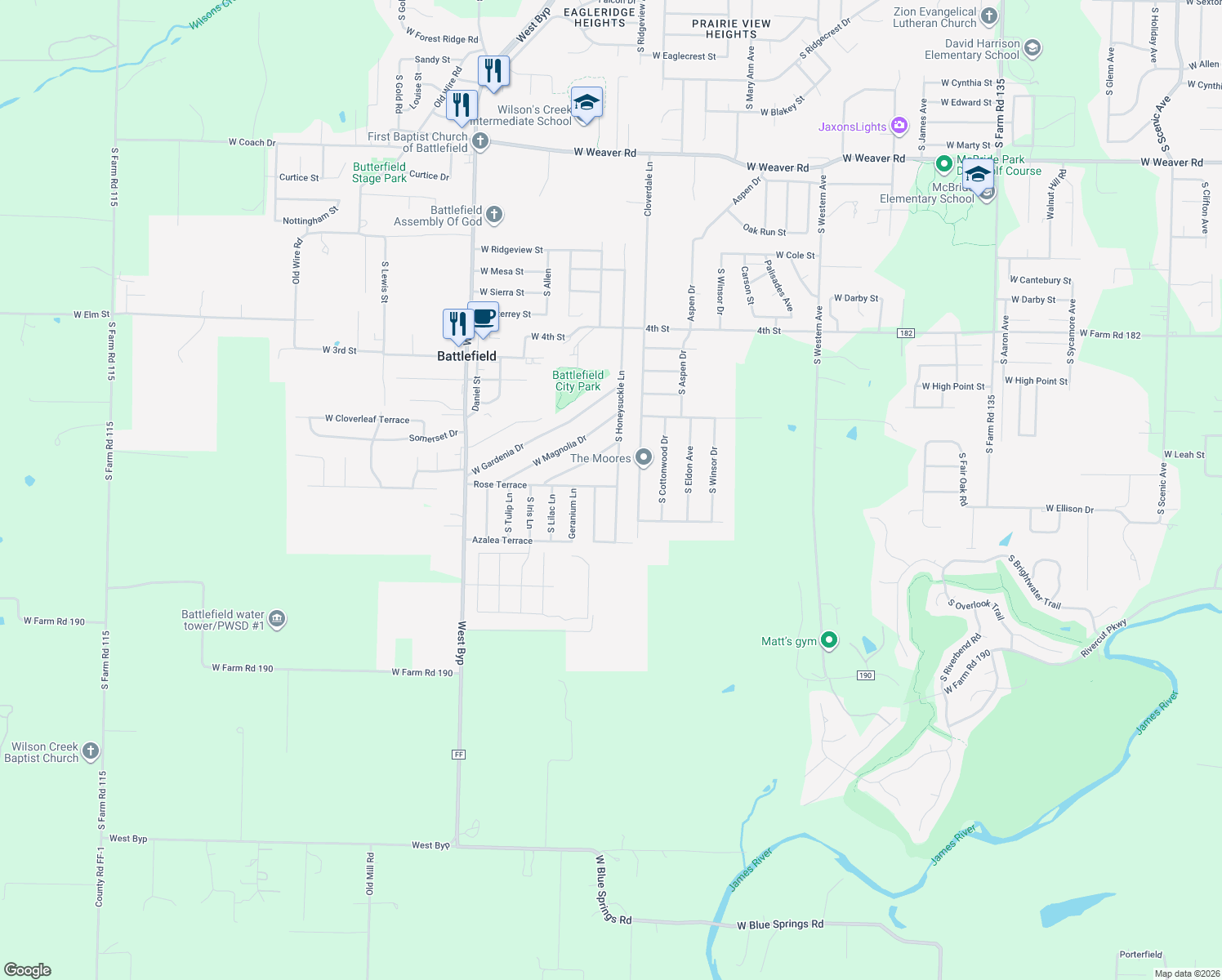 map of restaurants, bars, coffee shops, grocery stores, and more near 5749 S Honeysuckle Ln in Battlefield