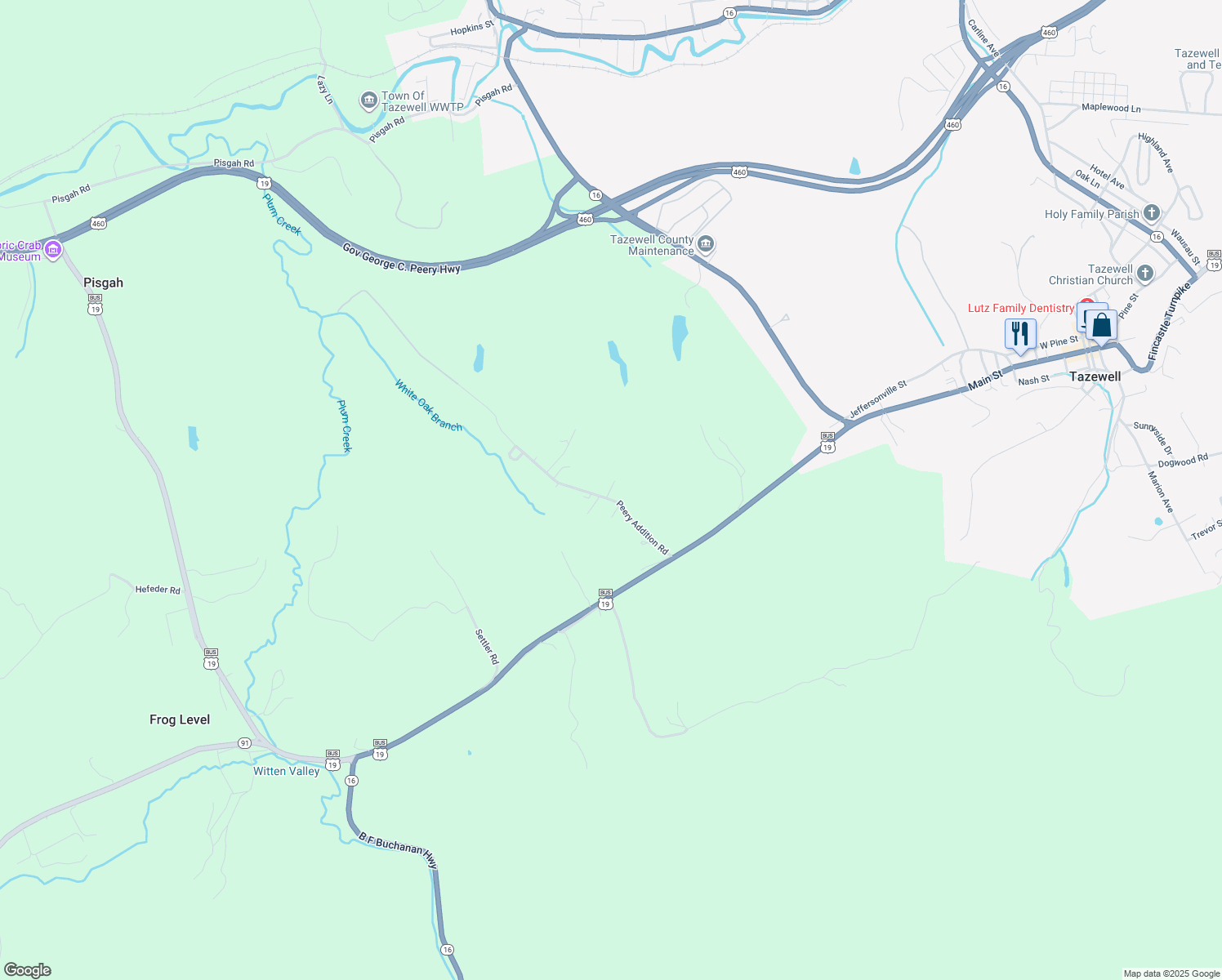 map of restaurants, bars, coffee shops, grocery stores, and more near Tanager Lane in Tazewell
