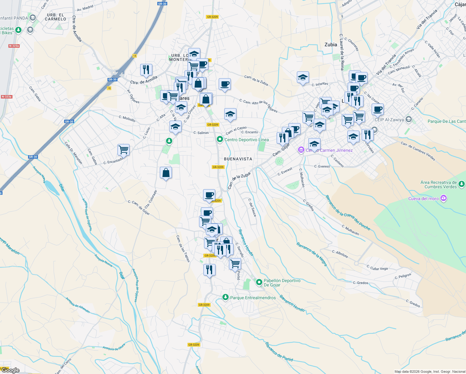 map of restaurants, bars, coffee shops, grocery stores, and more near 4 Calle del Abedul in Gójar