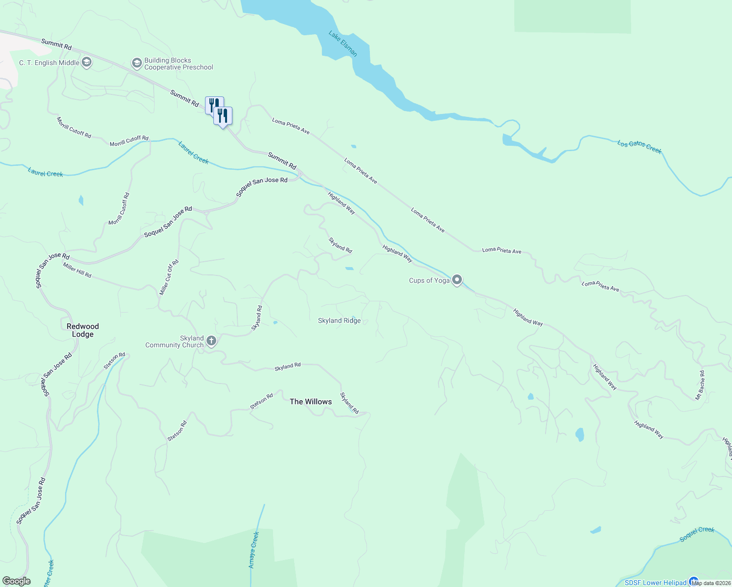 map of restaurants, bars, coffee shops, grocery stores, and more near 25405 Adams Road in Los Gatos