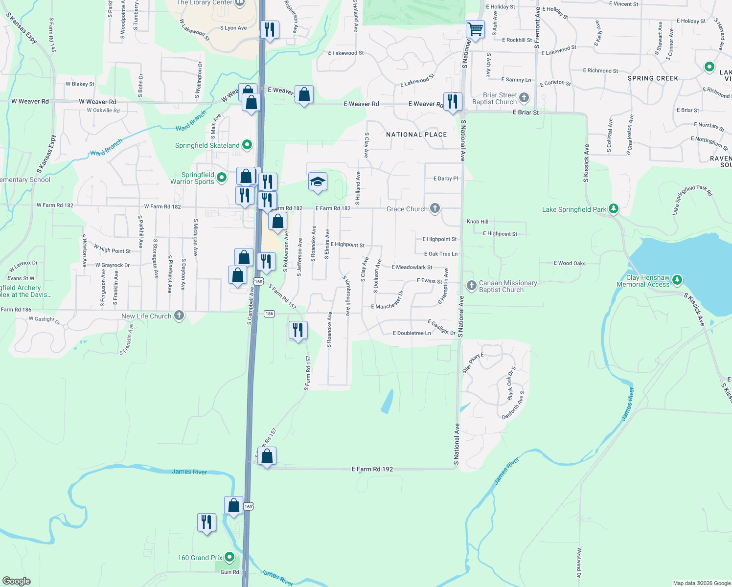 map of restaurants, bars, coffee shops, grocery stores, and more near 5716 South Clay Avenue in Springfield