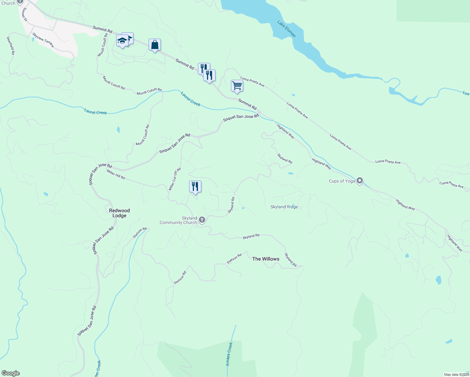 map of restaurants, bars, coffee shops, grocery stores, and more near 24905 Skyland Road in Los Gatos