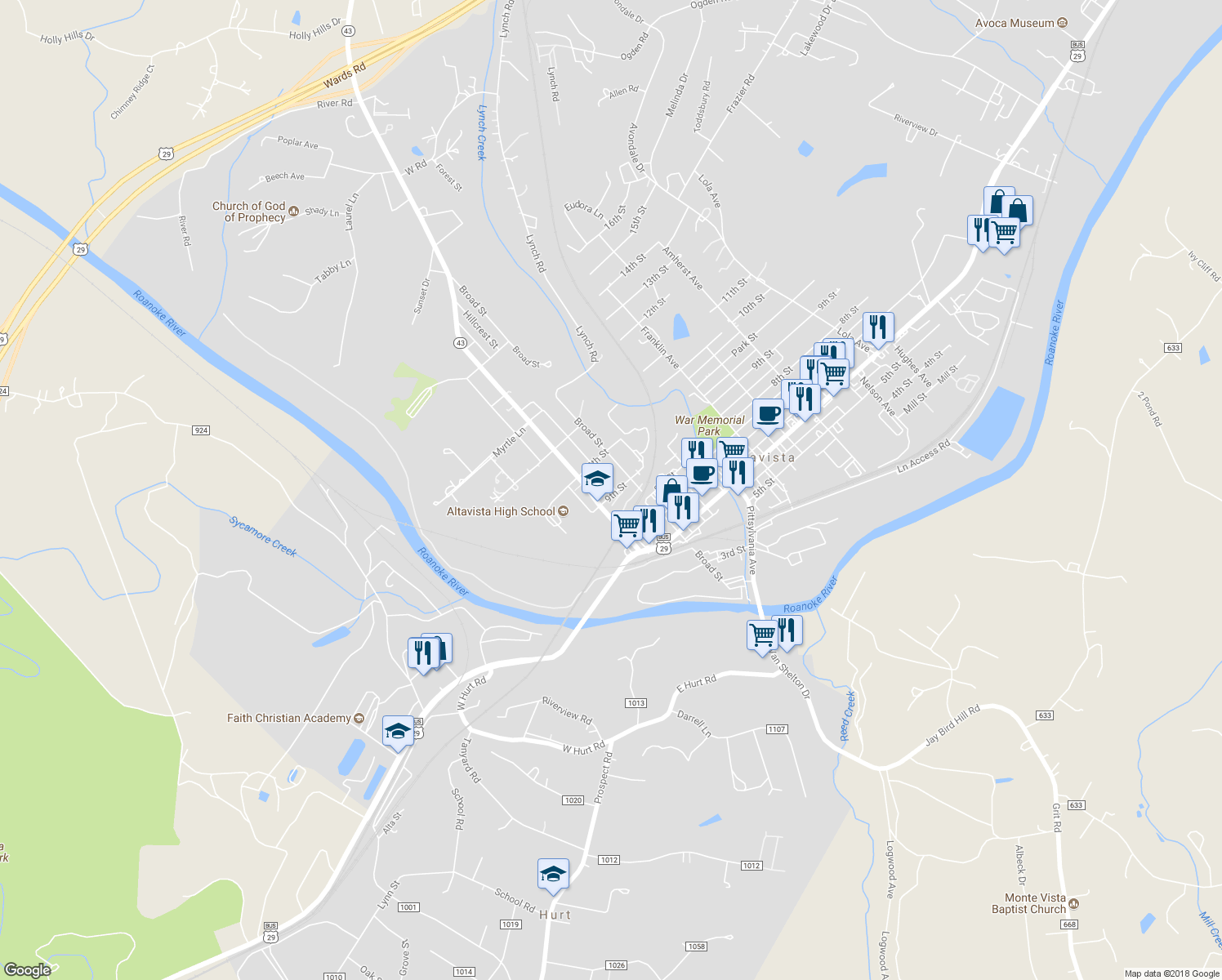 map of restaurants, bars, coffee shops, grocery stores, and more near 404 9th Street in Altavista