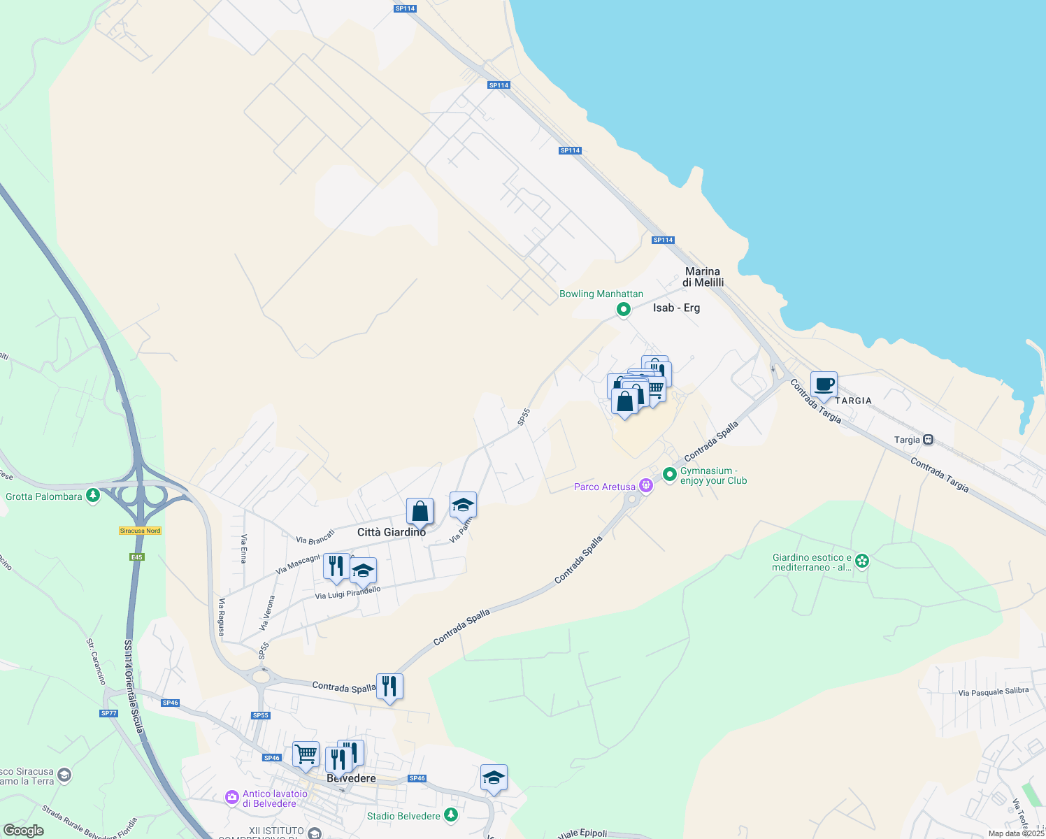 map of restaurants, bars, coffee shops, grocery stores, and more near Viale Garrone in Città Giardino