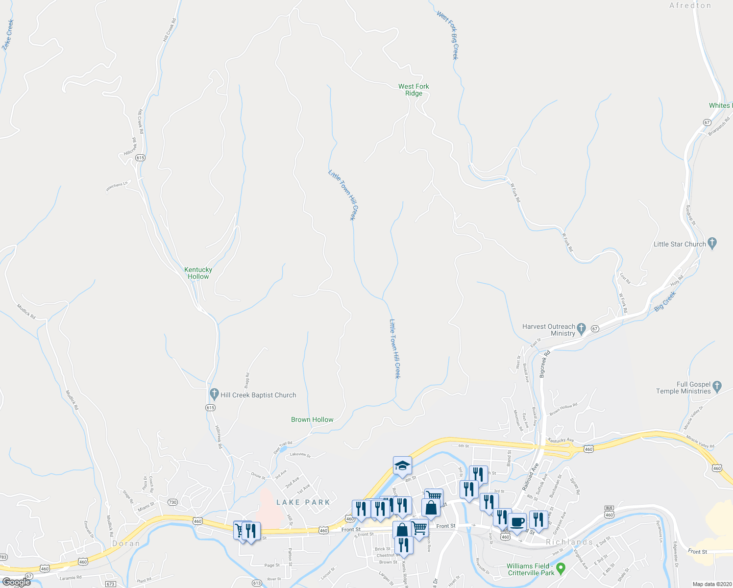 map of restaurants, bars, coffee shops, grocery stores, and more near in Richlands
