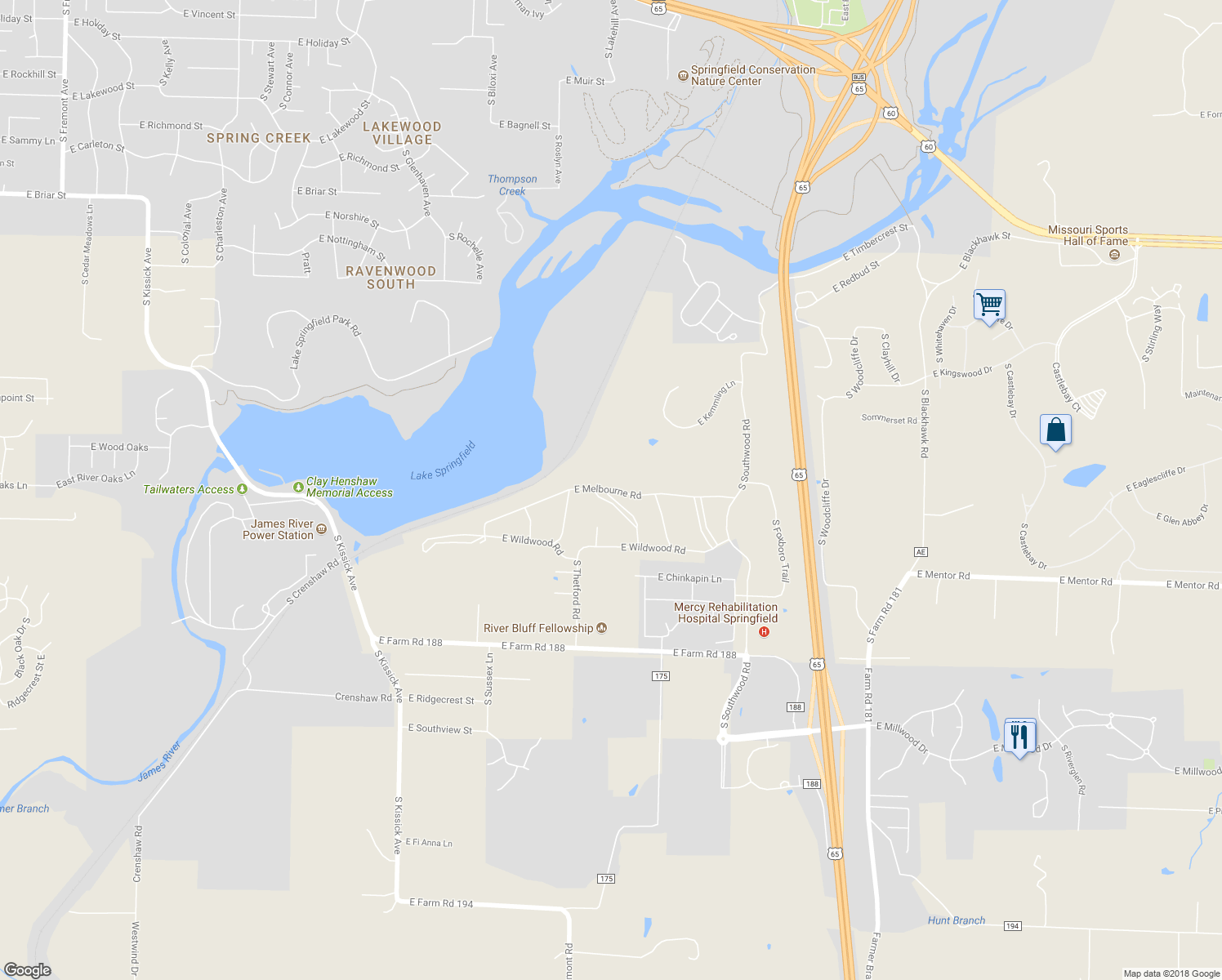 map of restaurants, bars, coffee shops, grocery stores, and more near 2673 East Melbourne Road in Springfield