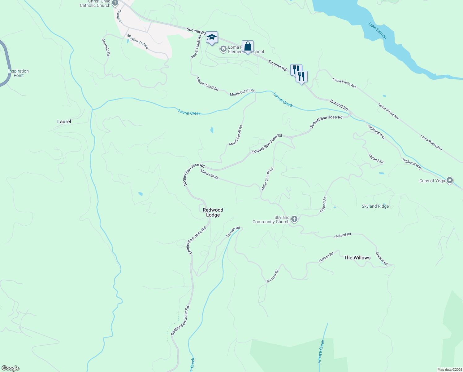 map of restaurants, bars, coffee shops, grocery stores, and more near 24550 Miller Hill Road in Los Gatos