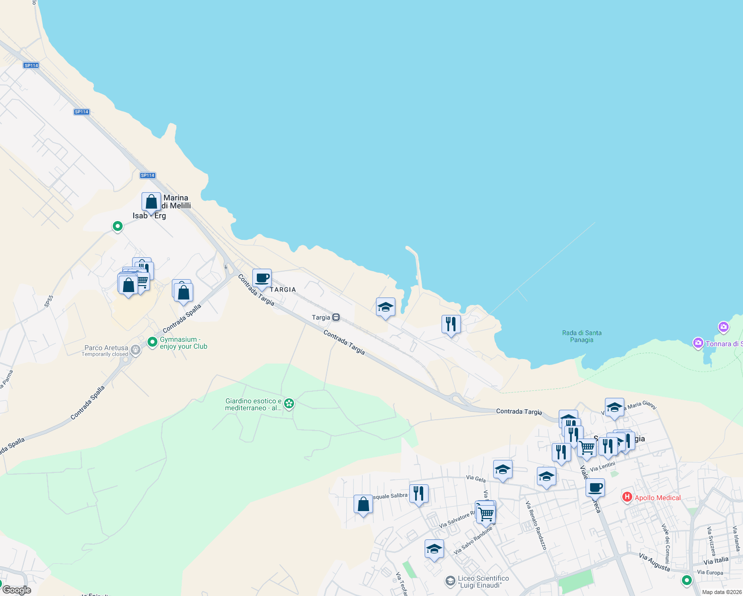 map of restaurants, bars, coffee shops, grocery stores, and more near 9 Via Stentinello in Siracusa