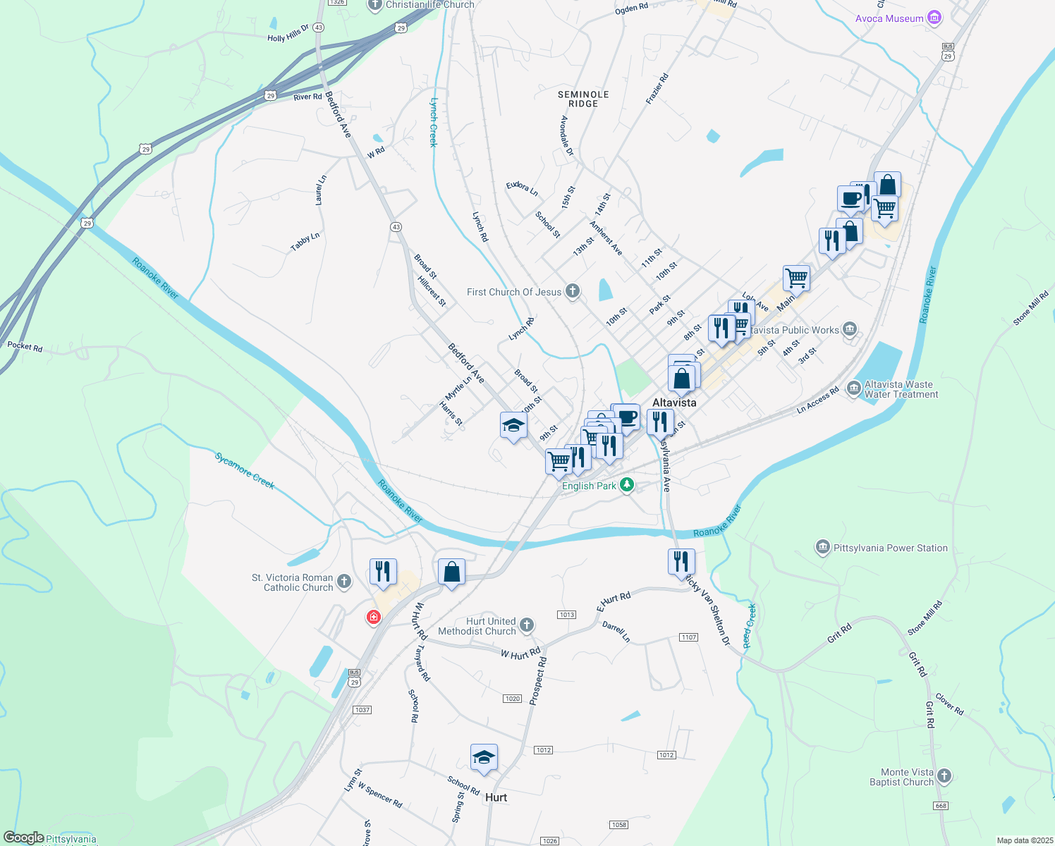 map of restaurants, bars, coffee shops, grocery stores, and more near 909 Bedford Avenue in Altavista
