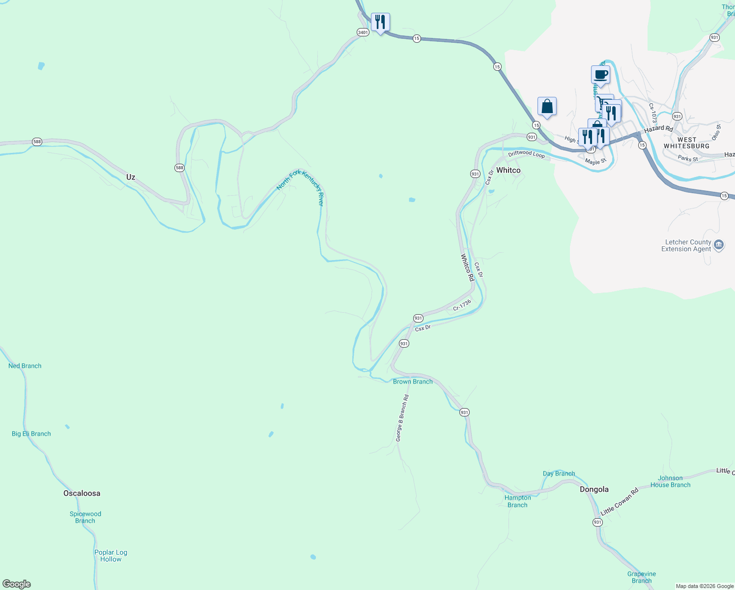 map of restaurants, bars, coffee shops, grocery stores, and more near 1109-1192 State Highway 588 in Whitesburg
