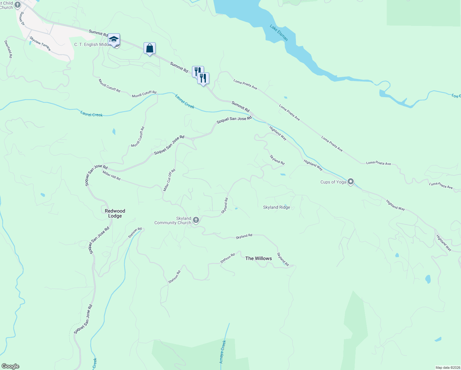 map of restaurants, bars, coffee shops, grocery stores, and more near 24895 Skyland Road in Los Gatos